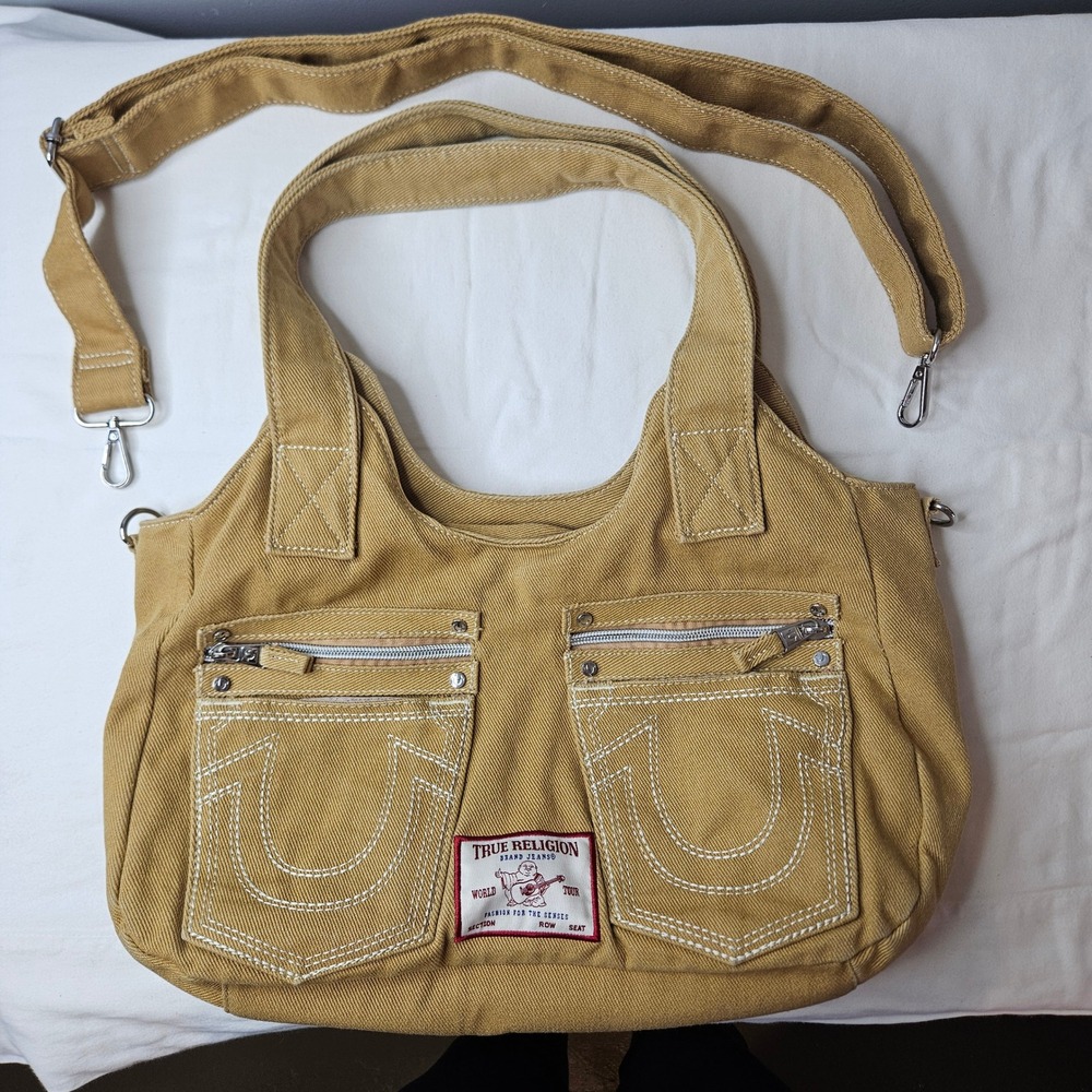 True Religion Mustard Yellow Twill Tote Bag Crossbody Horseshoe Stitch FLY21263